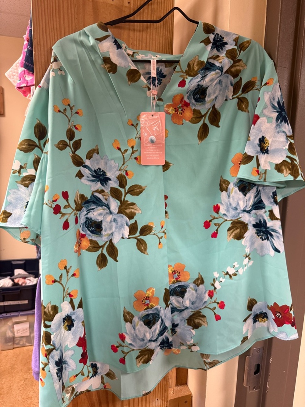 Bishuige 3XL Mint Floral V-Neck Blouse